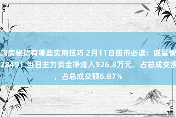 购房秘籍有哪些实用技巧 2月11日股市必读：威星智能（002849）当日主力资金净流入926.8万元，占总成交额6.87%