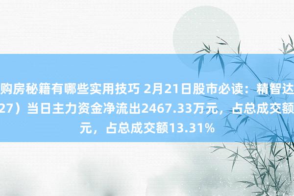 购房秘籍有哪些实用技巧 2月21日股市必读：精智达（688627）当日主力资金净流出2467.33万元，占总成交额13.31%