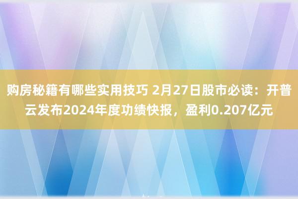 购房秘籍有哪些实用技巧 2月27日股市必读：开普云发布2024年度功绩快报，盈利0.207亿元